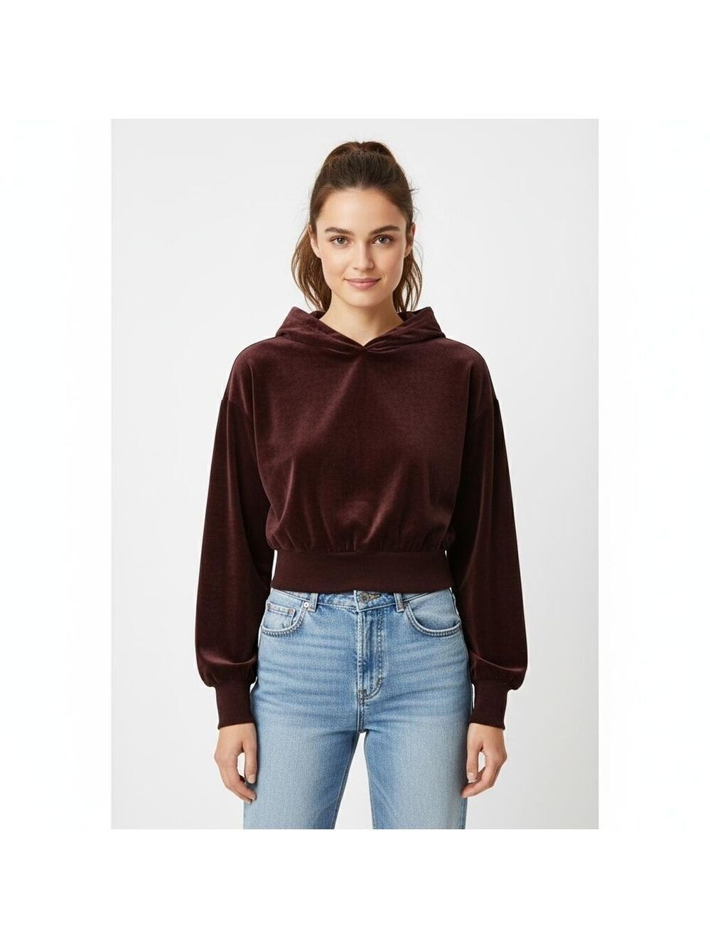 Express Brown Velour Long Sleeve Hooded Crop Top Size Medium